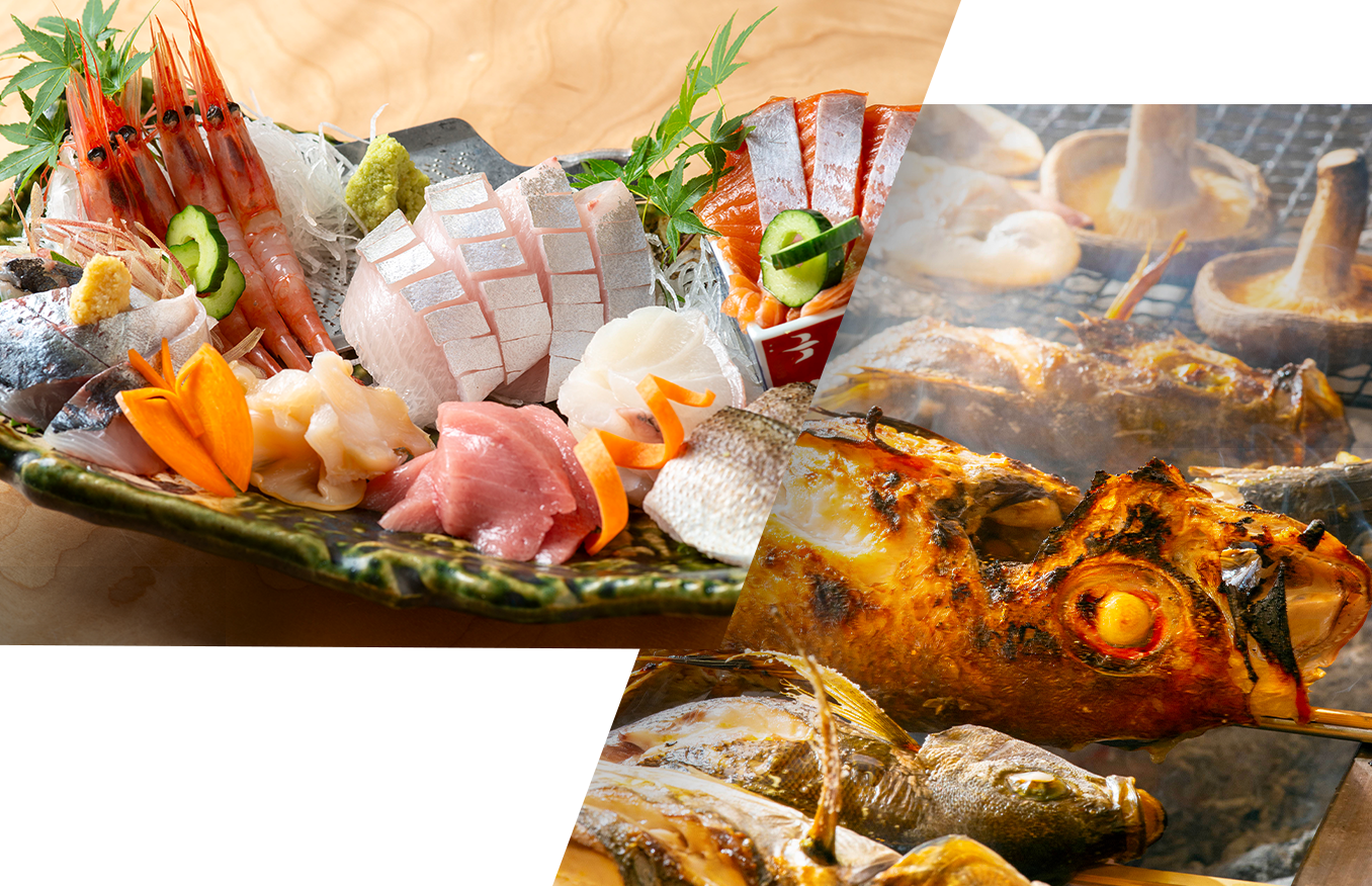 お刺身盛り合わせ ろばた焼き焼きシーン